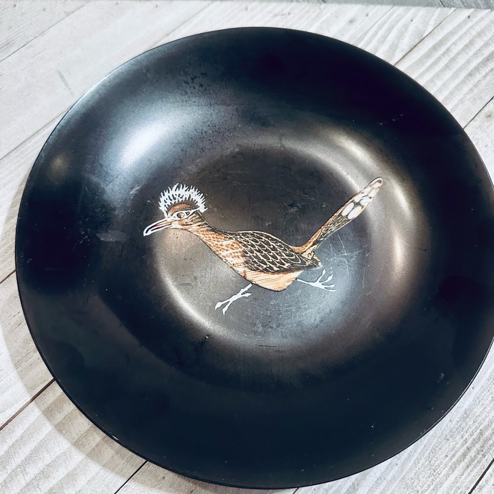 Vintage Couroc Monterey Roadrunner Black Resin Bowl Mid Century Modern 7.5